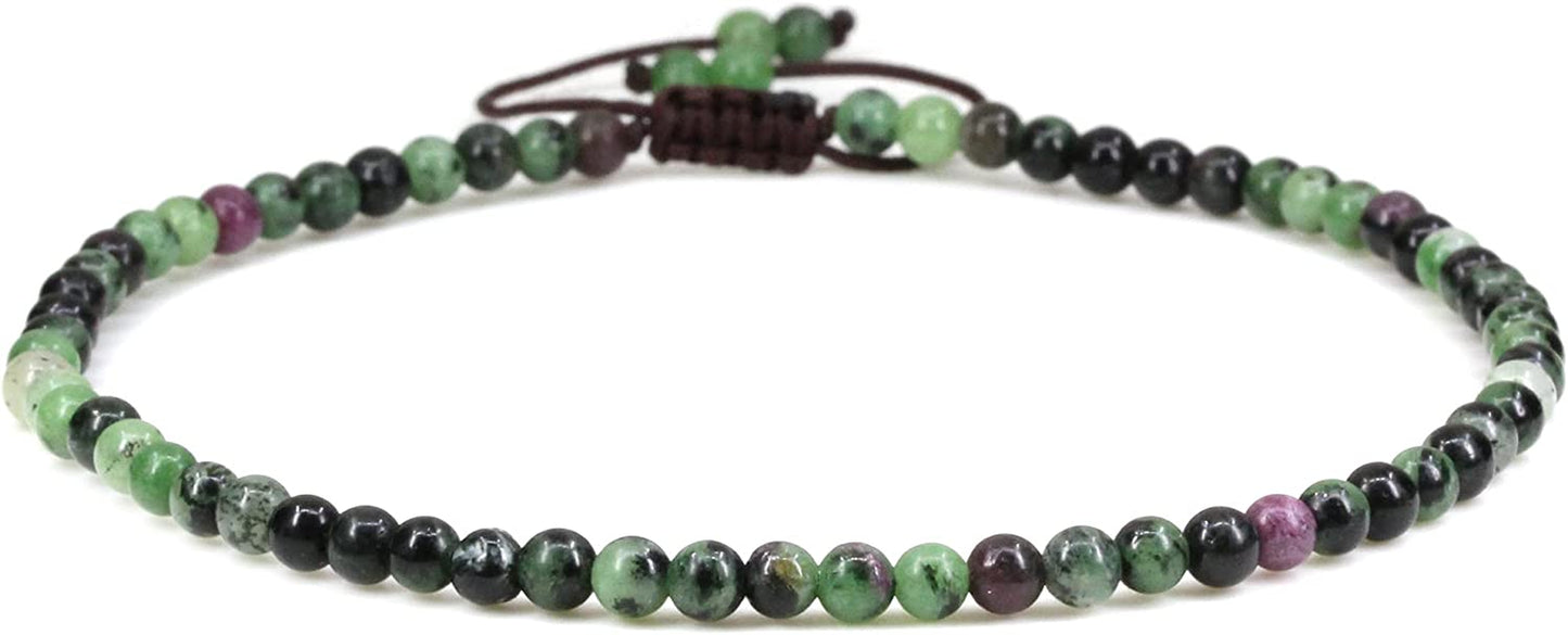 Keleny Natural Gemstone 4Mm round Bead Charm Stretch Anklet for Women Brown Rope Adjustable 8.6-11 Inch Apparel & Accessories > Jewelry > Anklets Kelenystones Green Ruby in Zoisite