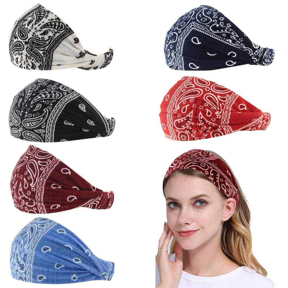 Carede Paisley Bandana Headband for Women with Elastic Yoga Headband Outdoor Hairband Adjustable Turban Headwrap,Pack of 6 Apparel & Accessories > Clothing Accessories > Bandanas & Headties DK No5(mixed 6 pcs) 6 Piece Set