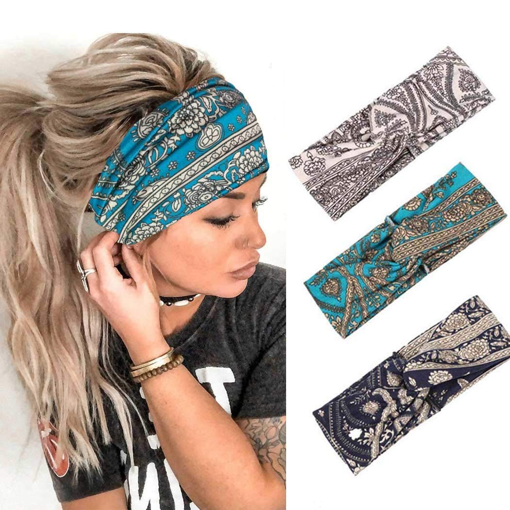 Earent Boho African Headbands Yoga Wide Knot Hair Bands Sweat Printed Headwraps Elastic Turban Headscarfs Multicolor Headwear Outdoor Hair Accessories for Women and Girls (Z-Black) Apparel & Accessories > Clothing Accessories > Headwear Earent Boho 2