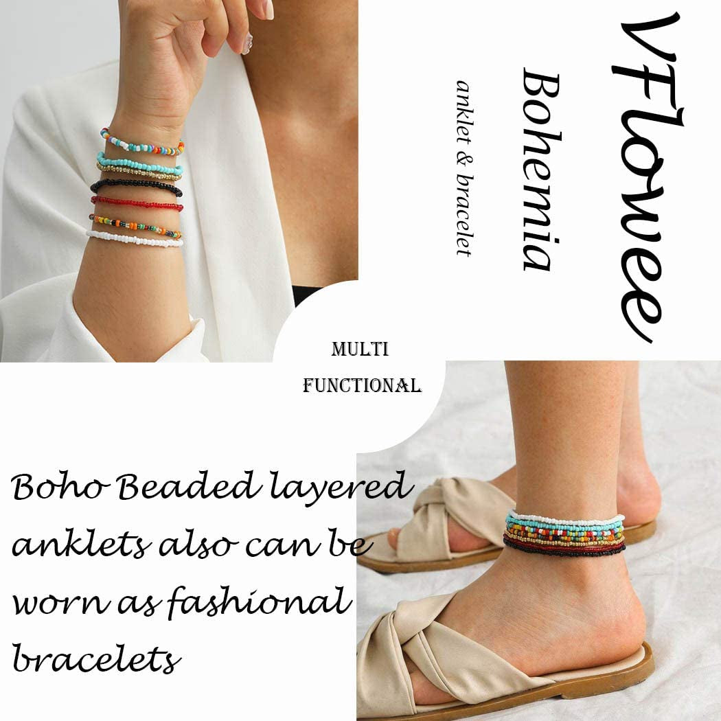 Boho Handmade Beaded African Anklets Multicolor Women Stretch Seed Beads Rainbow Ankle Bracelets Glass Bead Bracelet Elastic Foot and Hand Chain Jewelry (7PCS) Apparel & Accessories > Jewelry > Anklets NEEBAOLY