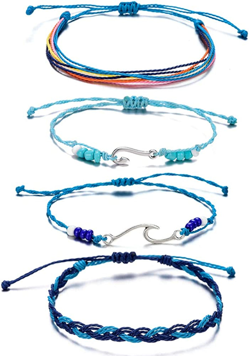 Softones VSCO String Wave Bracelets for Women Girls Handmade Colorful Waterproof Adjustable Braided Beach Bracelet Set for Women Apparel & Accessories > Jewelry > Bracelets Softones V:4Pcs Wave Hooks