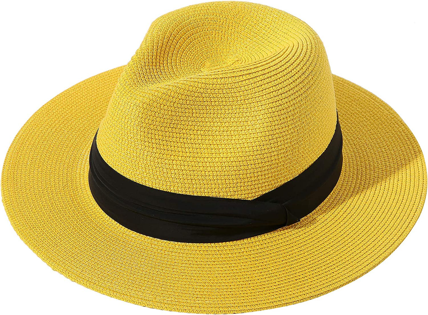 Lanzom Women Wide Brim Straw Panama Roll up Hat Belt Buckle Fedora Beach Sun Hat UPF50+ Apparel & Accessories > Clothing Accessories > Hats Lanzom Yellow One Size