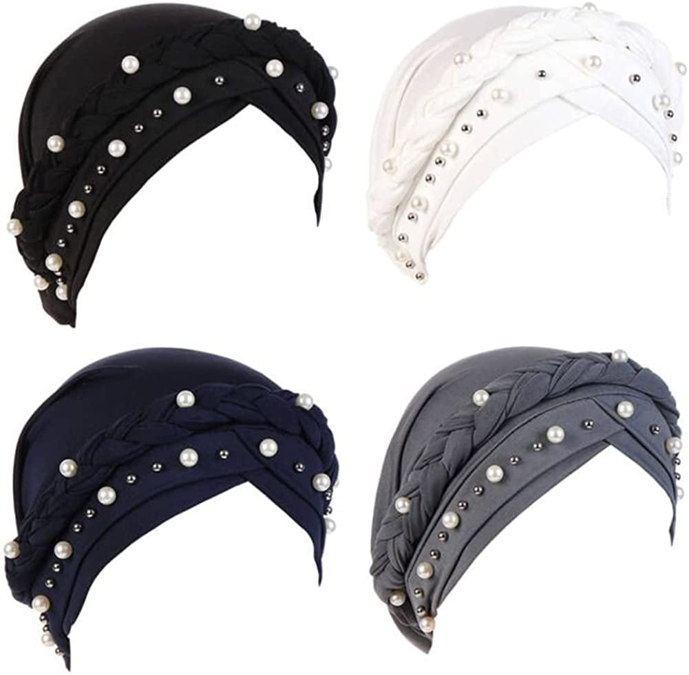 Fxhixiy Women Hijab Beading Pearl Braid Turban Hat Head Scarf Cancer Chemo Beanies Bandana Headwrap Cap Apparel & Accessories > Clothing Accessories > Headwear Fxhixiy Black White Navy Gray