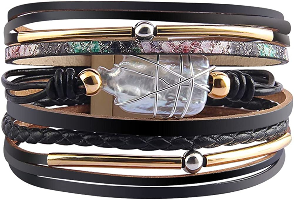 Fesciory Leather Wrap Bracelet for Women, Leopard Multi-Layer Magnetic Buckle Cuff Bracelet Jewelry Apparel & Accessories > Jewelry > Bracelets Fesciory B11-Black Leather(Pearl)