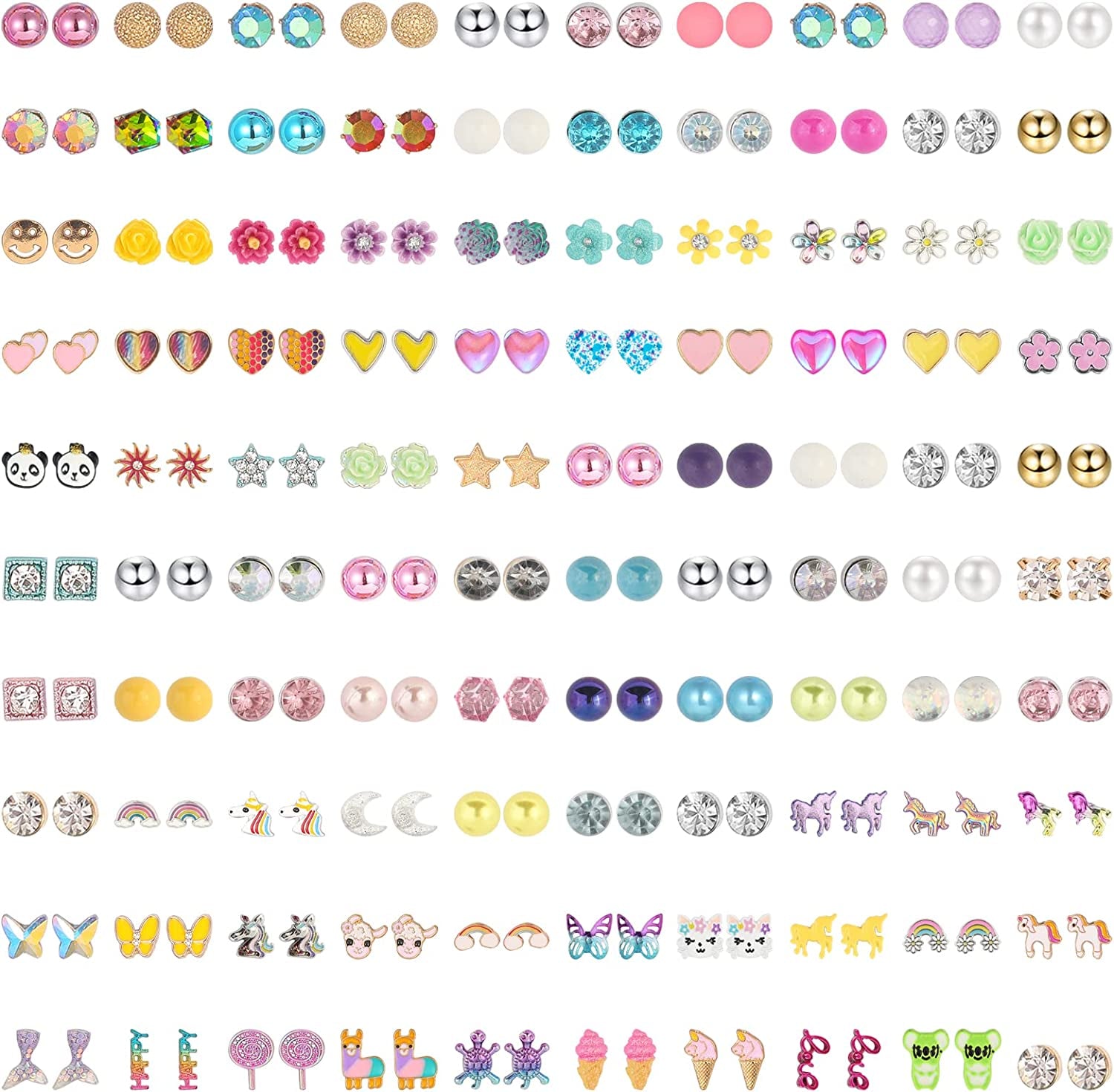 NEWITIN 100 Pairs Colorful Cute Stud Earrings for Girls Hypoallergenic Earrings Stainless Steel Earrings for Women Apparel & Accessories > Jewelry > Earrings NEWITIN Pure Girl