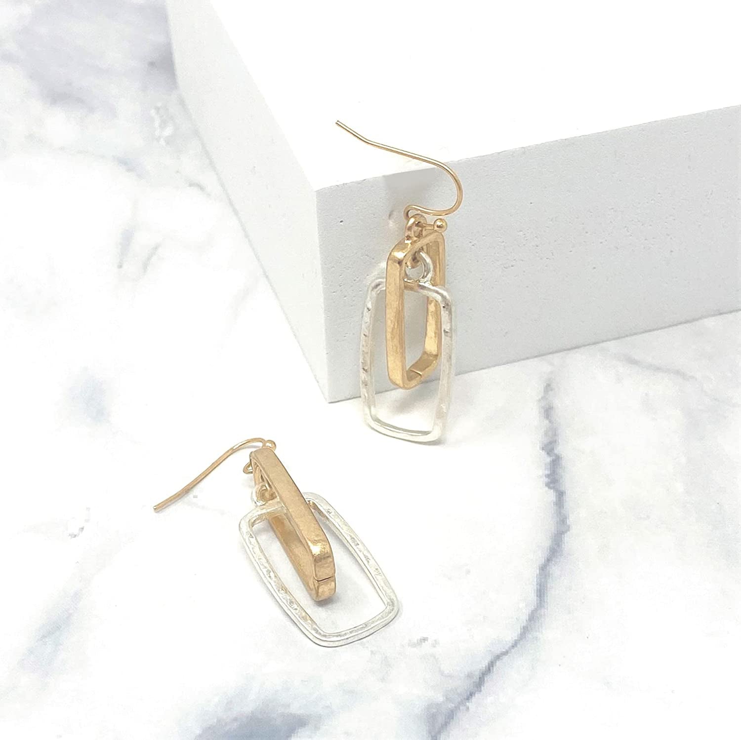 POMINA Lightweight Geometric Gold Silver Two Tone Hammered Dangle Drop Earrings Linked Circle Rectangle Oval Trendy Fashion Dangling Earrings for Women Apparel & Accessories > Jewelry > Earrings POMINA