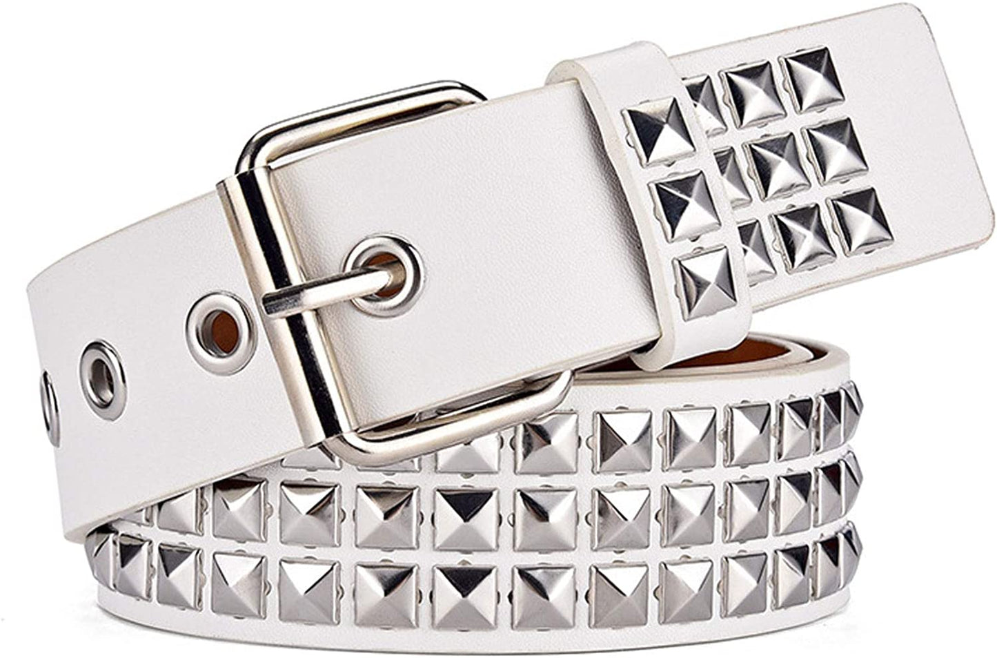 Three Row Punk Studded Belt, Black Belt Metal Pyramid Belt Gothic Rivet for Jeans Pants Apparel & Accessories > Clothing Accessories > Belts DCEVERTTO White