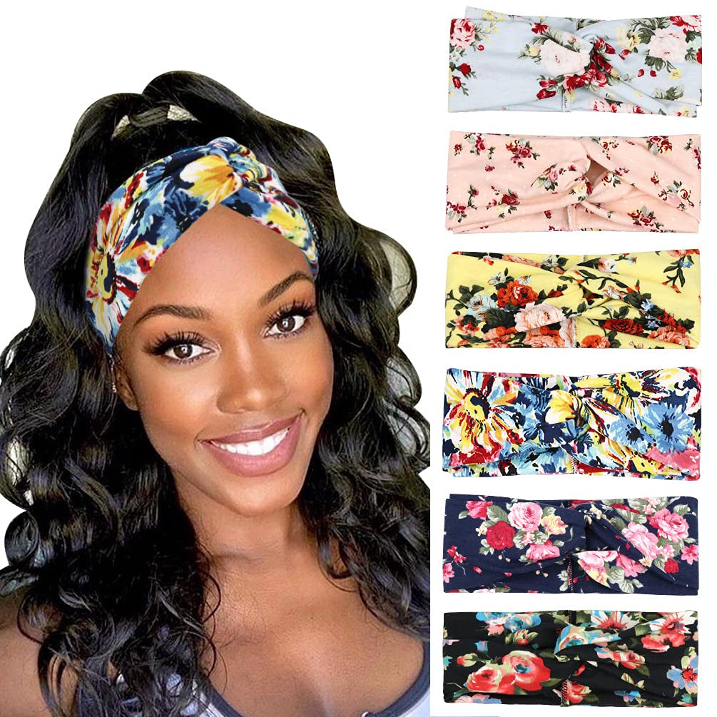 DRESHOW Twist Bow Wire Headbands Vintage Head Wrap Rabbit Ear Wired Hairbands Hair Holder Hair Accessory for Women and Girls 6 Pack Apparel & Accessories > Clothing Accessories > Bandanas & Headties DRESHOW 6 Pack Cross Flower Printed A