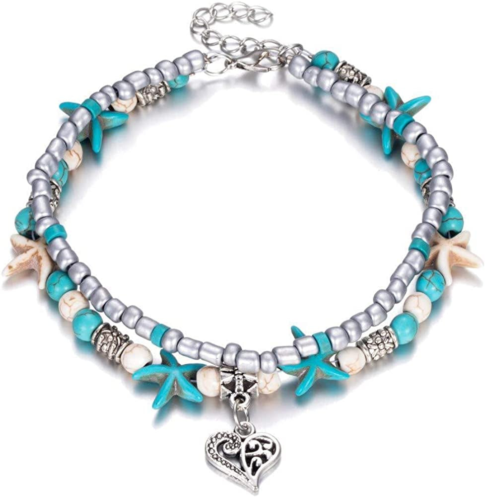 Softones Blue Starfish Turtle Anklet Multilayer Charm Beads Sea Handmade Boho Anklet Foot Jewelry for Women Girl Apparel & Accessories > Jewelry > Anklets Softones P:Heart