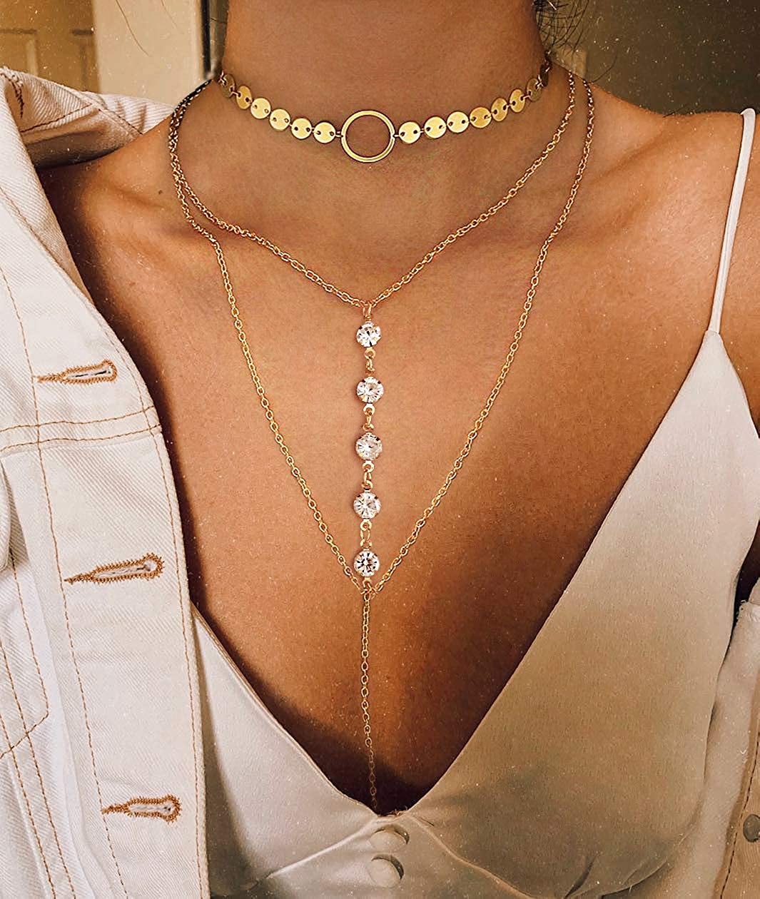 Suyi Stylish Layered Sequins Choker Necklace with Thin Long Chain Pendant for Women Lady Girl Apparel & Accessories > Jewelry > Necklaces Suyi