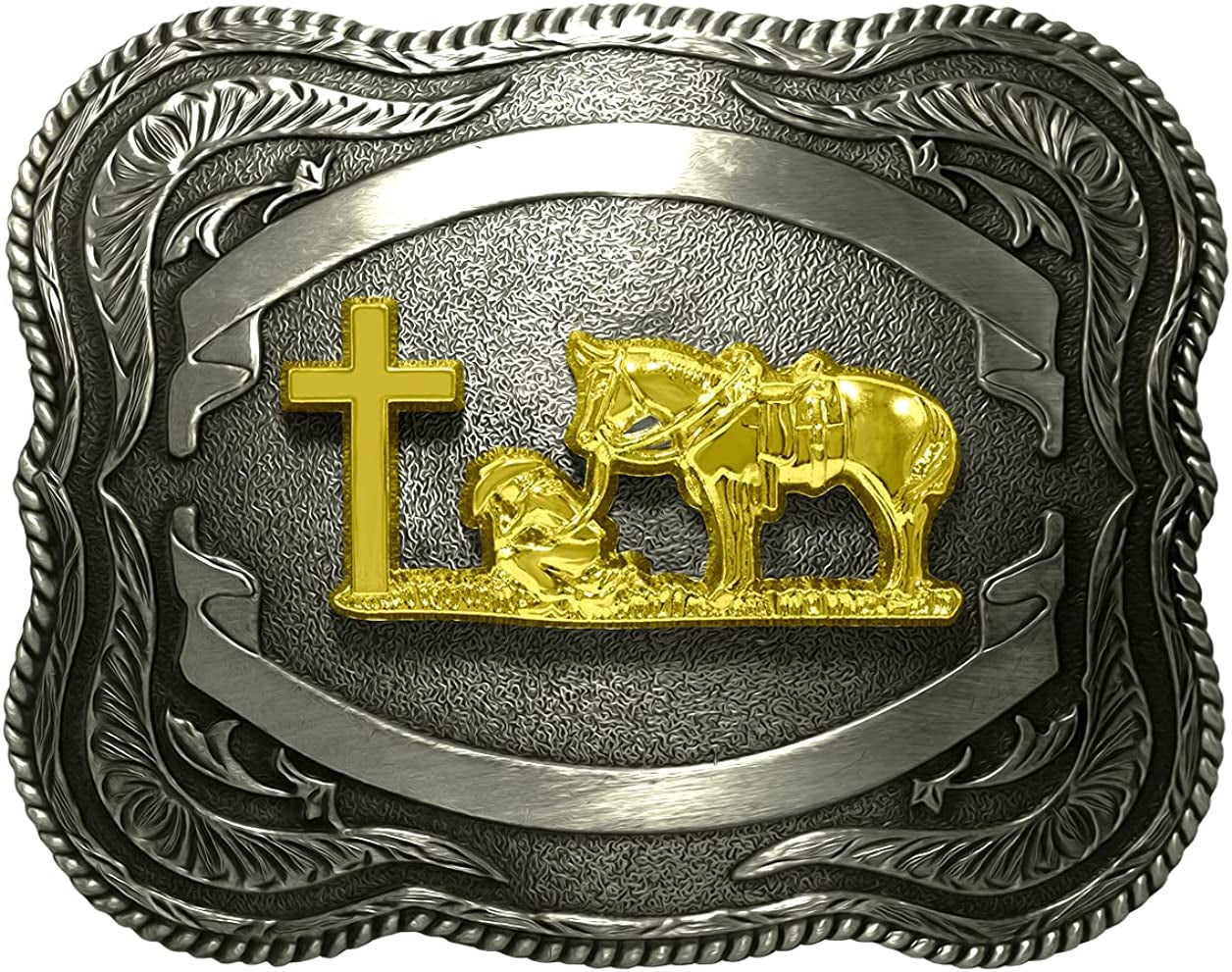Moranse Religion Cross Cowboy Kneeling Prayer and Horse Design Belt Buckles Apparel & Accessories > Clothing Accessories > Belt Buckles Moranse Silver Great Praying Cowboys