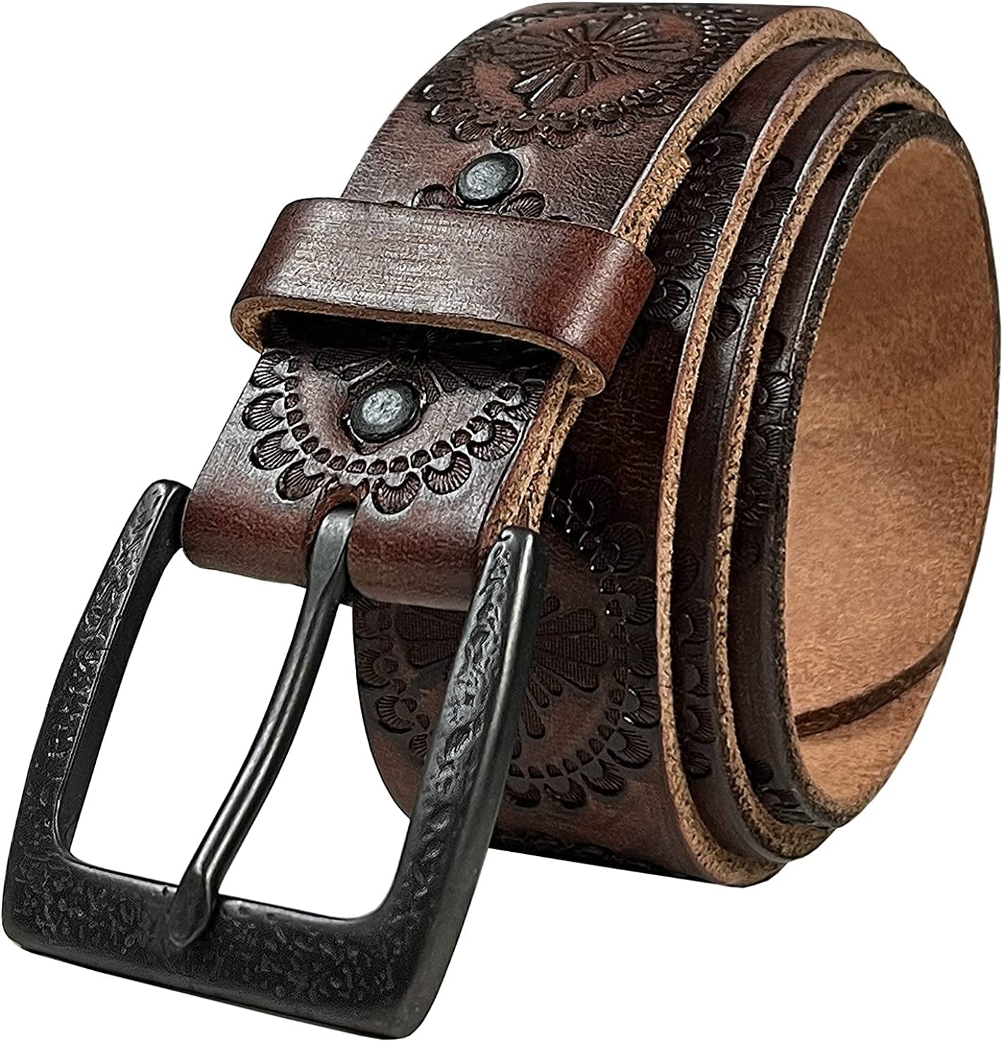 Cowboy Cowgirl Western Tooled Floral Embossed Full Grain Genuine Leather Belt Strap 1-1/2"(38Mm) Wide Apparel & Accessories > Clothing Accessories > Belts Belts.com Type D - Brown 34