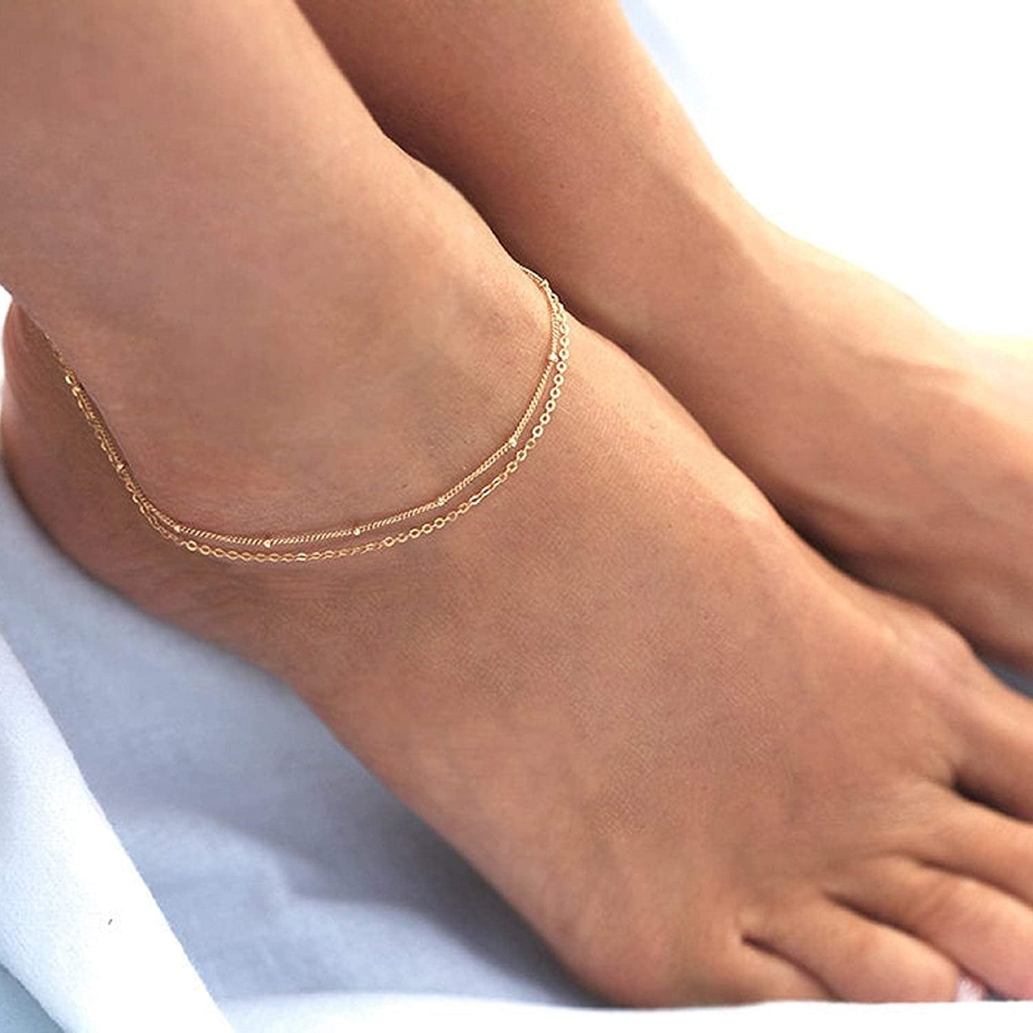 Women Dainty Anklet,14K Gold Plated Satellite Anklet Double Layered Cute Beads Chain Tassel Coin Disc Heart Summer Ankle Bracelet Boho Beach Foot Chain Apparel & Accessories > Jewelry > Anklets Befettly