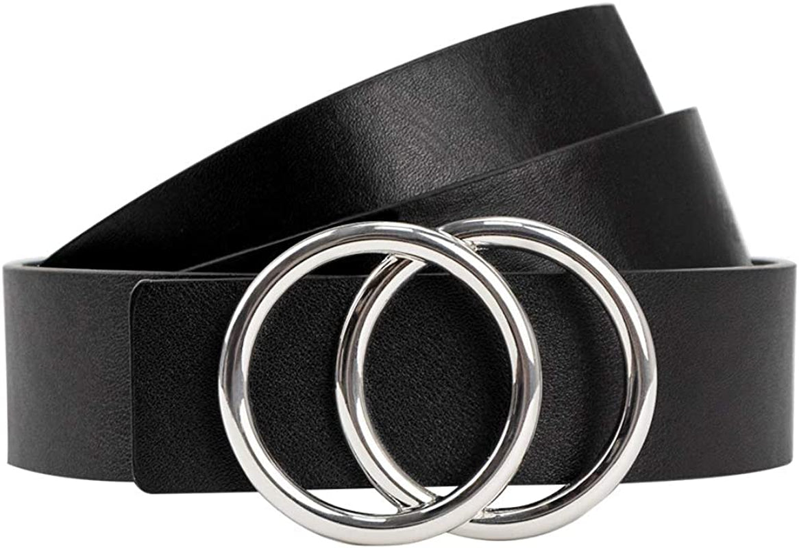 Women Leather Belt for Jeans Dress Waist Belts with Double Ring Buckle by LOKLIK Apparel & Accessories > Clothing Accessories > Belts LOKLIK Black Sliver Buckle XS(0-2)fit for waist 26''-31''
