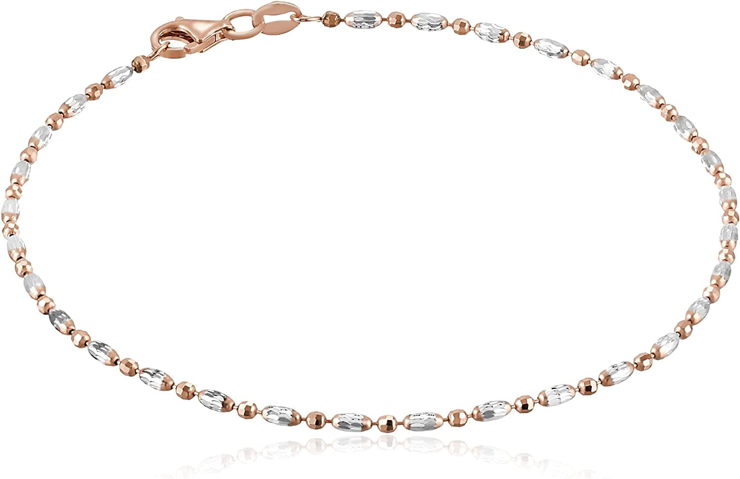Collection Italian Sterling Silver Rhodium Plated Diamond Cut Oval and round Beads Mezzaluna Chain Ankle Bracelet Apparel & Accessories > Jewelry > Bracelets Media Imports Inc 9 Inches Rose