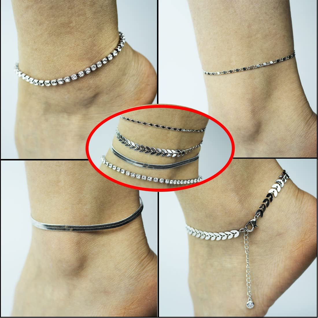 Met-Edianger 4 Pcs Women Anklets 18K Gold Bracelets Layered Anklets Set Cubic Zirconia Beach Foot Jewelry Apparel & Accessories > Jewelry > Anklets met-edianger