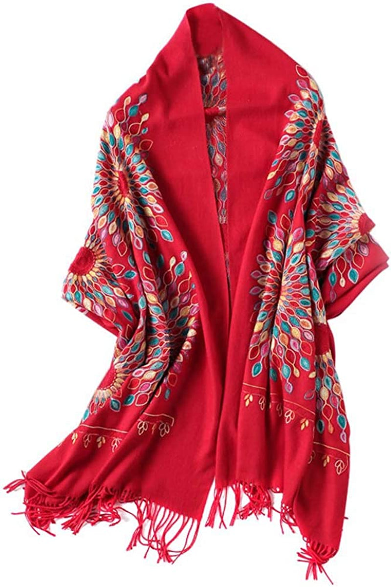 Women'S Embroidered Oversize Tassel Shawl Scarf Wraps for Women Apparel & Accessories > Clothing Accessories > Scarves & Shawls Urban CoCo Red