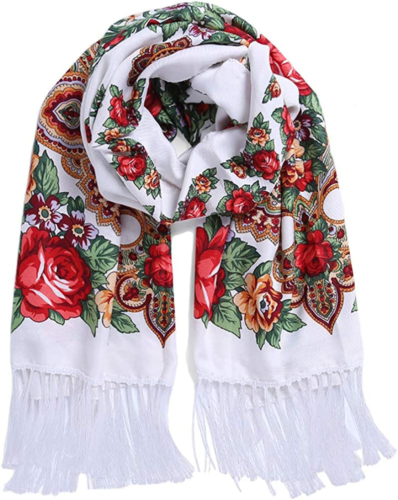 Traditional Tassel Exotic Wrap Printed Scarf for Women Warm Soft Large Long Rectangular Fashion Scarves Apparel & Accessories > Clothing Accessories > Scarves & Shawls Gudessly White