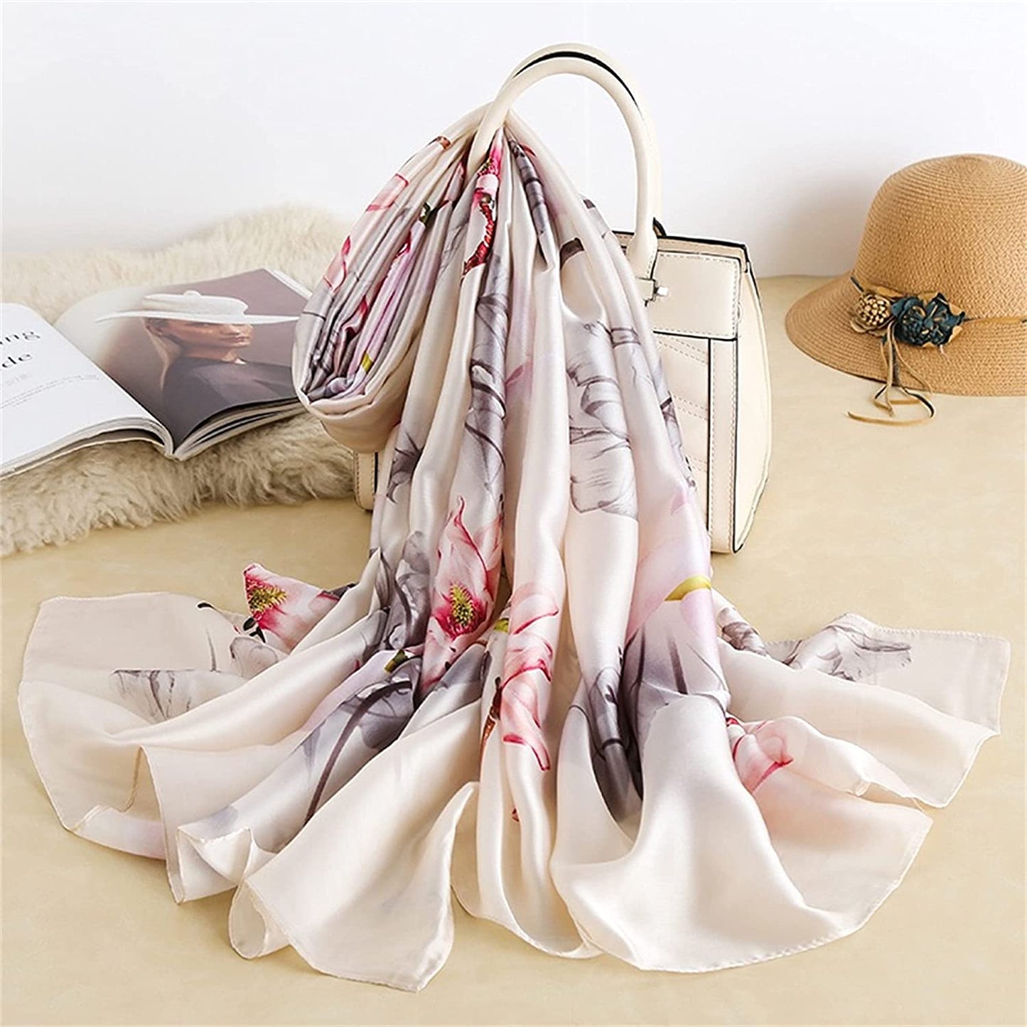 Silk Scarf Women Chiffon Shawl Stain Neckerchief Head Wrap Lightweight Scarf Ladies Hijab Vintage Painting Bridal Shawl Chiffon Scarf Muslim Colorful Cloth Silk Scarf White180*90Cm Apparel & Accessories > Clothing Accessories > Scarves & Shawls WEIGEER
