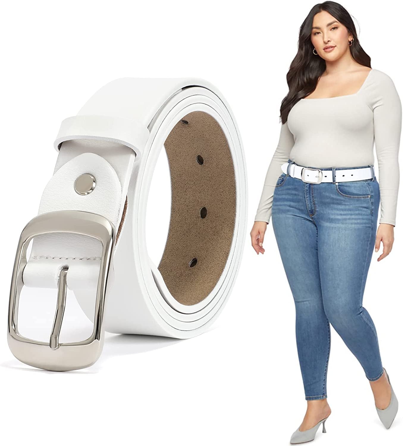 Plus Size Women Leather Belt JASGOOD Black Casual Waist Belt for Jeans Pants with Metal Pin Buckle Apparel & Accessories > Clothing Accessories > Belts KYLIE MAX E-white Fit Waist Size 43''-47''