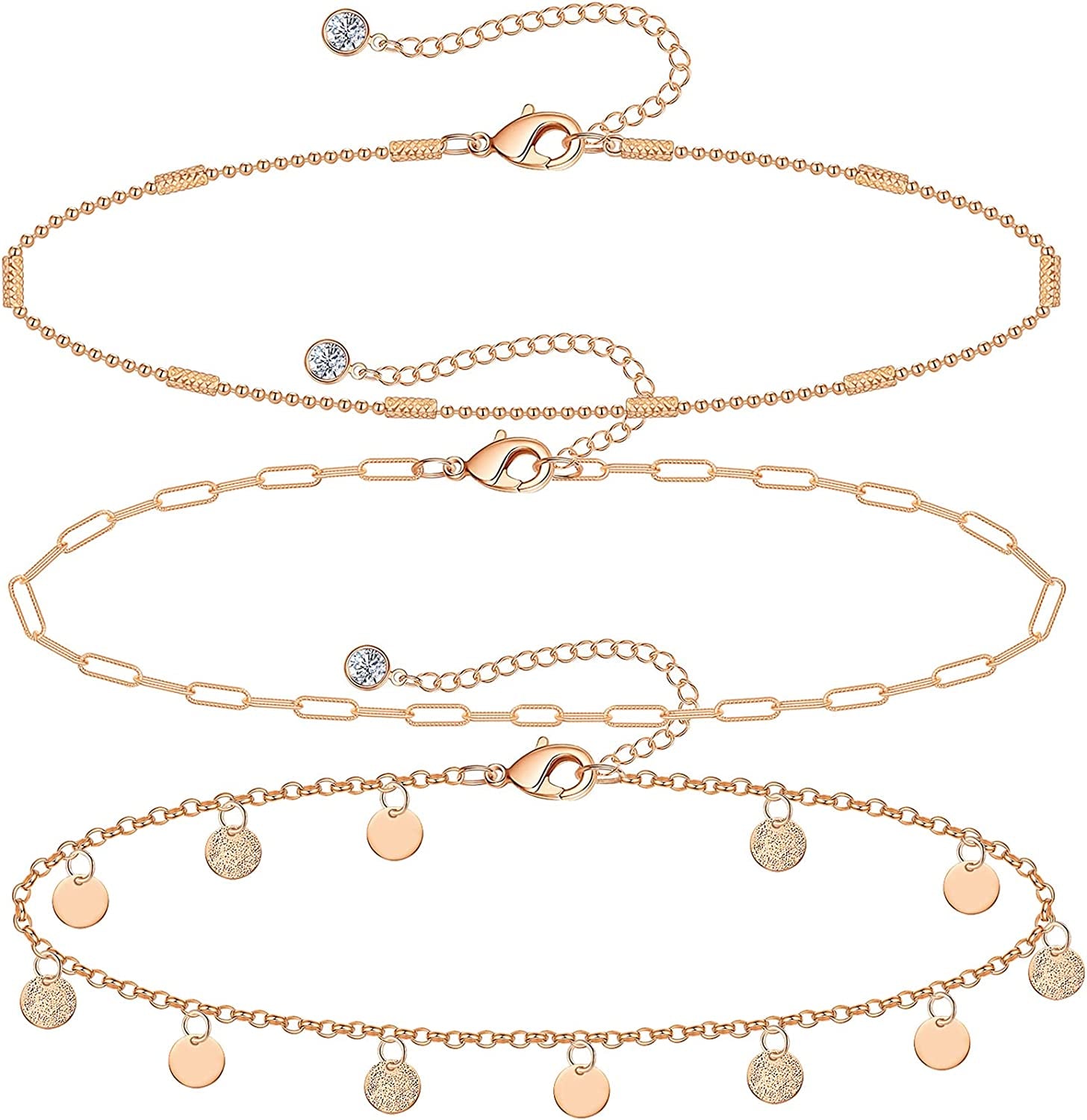 Gold Ankle Bracelets for Women 14K Gold Plated Anklet Silver Tennis Butterfly Star Coin Quartz Bead Snake Paperclip Chain Dainty Layered Anklet Set 3Pcs Jewelry Gifts for Teen Girls Apparel & Accessories > Jewelry > Anklets Vermeyen M-Rose Gold-Coin
