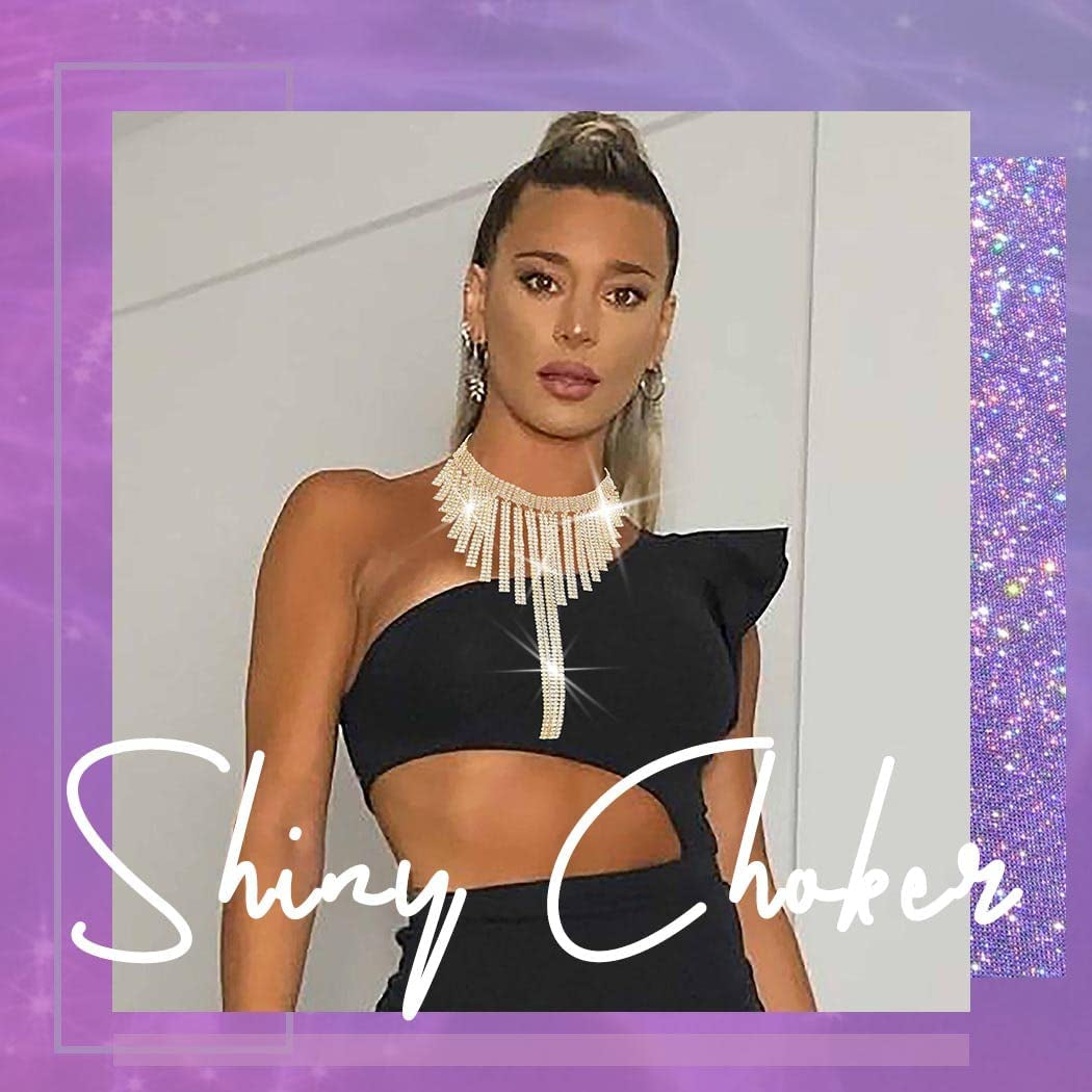 Shiny Rhinestone Layered Choker Sexy Gold Glitter Crystal Statement Necklace Metal Chains Evening Rave Nightclub Adjustable Body Accessories Jewelry for Women Apparel & Accessories > Jewelry > Body Jewelry China