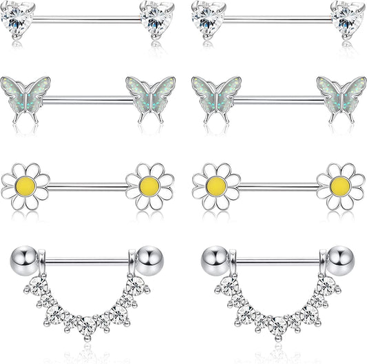 FINREZIO 4Pairs 14G Nipple Rings 316L Surgical Steel Flower Nipple Tongue Ring Barbell Piercing for Women Body Piercing Jewelry Apparel & Accessories > Jewelry > Body Jewelry FINREZIO Silver tone