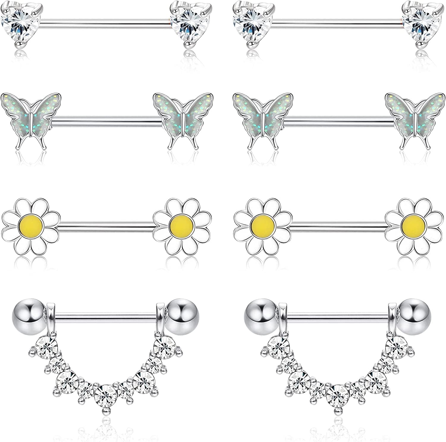 FINREZIO 4Pairs 14G Nipple Rings 316L Surgical Steel Flower Nipple Tongue Ring Barbell Piercing for Women Body Piercing Jewelry Apparel & Accessories > Jewelry > Body Jewelry FINREZIO Silver tone