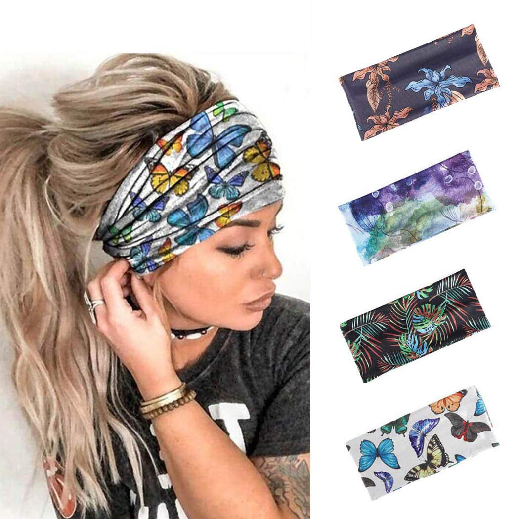 Earent Boho African Headbands Yoga Wide Knot Hair Bands Sweat Printed Headwraps Elastic Turban Headscarfs Multicolor Headwear Outdoor Hair Accessories for Women and Girls (Z-Black) Apparel & Accessories > Clothing Accessories > Headwear Earent Z-Butterfly
