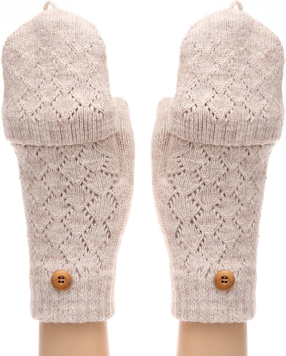 MIRMARU Women'S Knitted Fingerless Mitten Gloves with Flip Cover with Faux Fur Lining Apparel & Accessories > Clothing Accessories > Gloves & Mittens MIRMARU Beige One Size