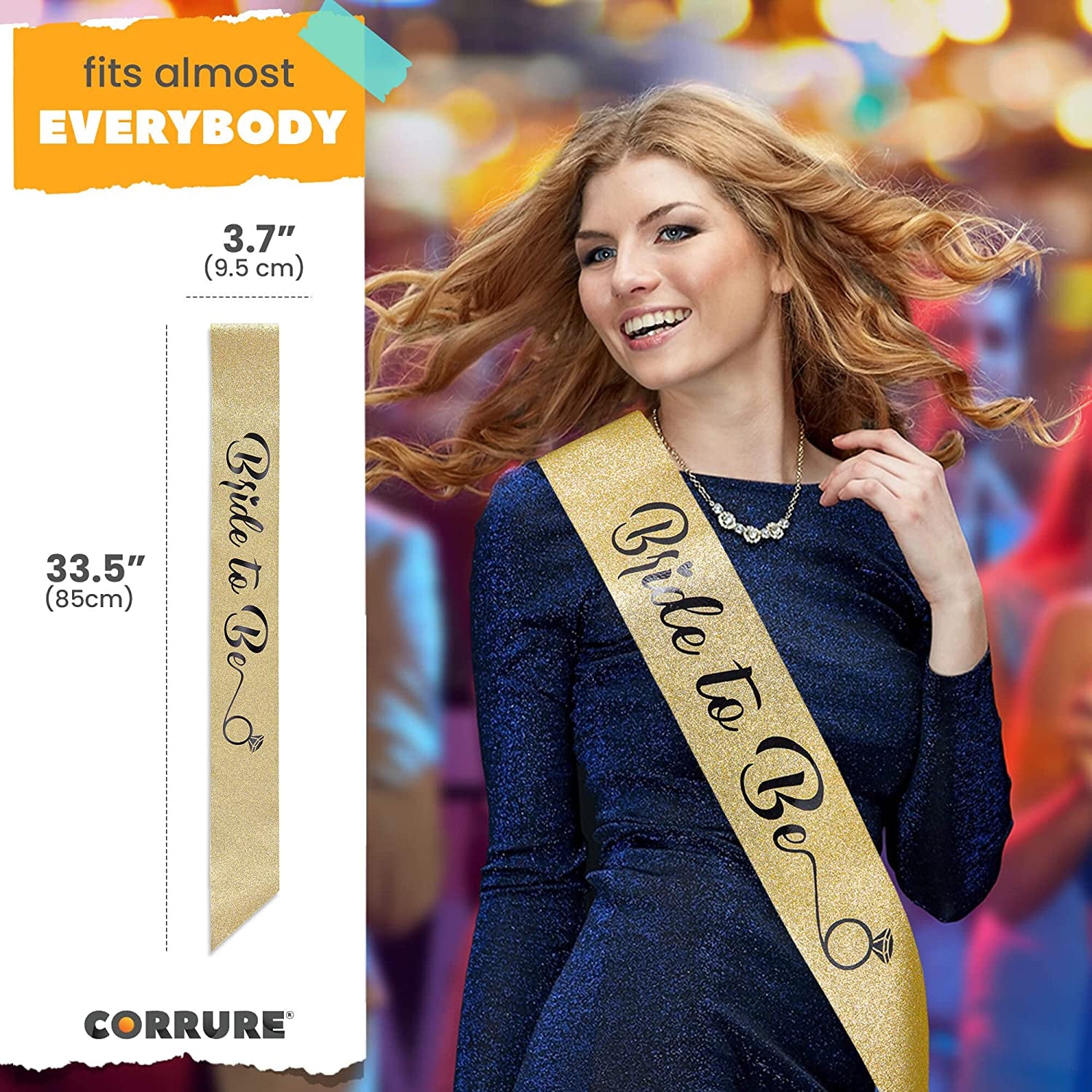 CORRURE 'Bride to Be' Sash for Bachelorette Party - Bridal Shower Gold Glitter Sash with Black Foil Lettering - Hen Party Decorations Supplies Accessories, Wedding Engagement Party Favors Gift Apparel & Accessories > Clothing Accessories > Sashes CORRURE