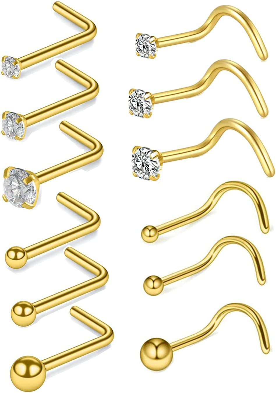 Nose Rings and Studs Set 20G Men Women,L Shape Nose Ring Studs and Screw Nostril Body Piercing Jewelry Set Hypoallergenic Surgical Steel(12Pcs,Size 1.5,2,3Mm) Apparel & Accessories > Jewelry > Body Jewelry Renkovte Gold_12PCS 20G-7mm L shape&Screw Shape 1.5mm 2.0mm 3.0mm Ball&CZ Top