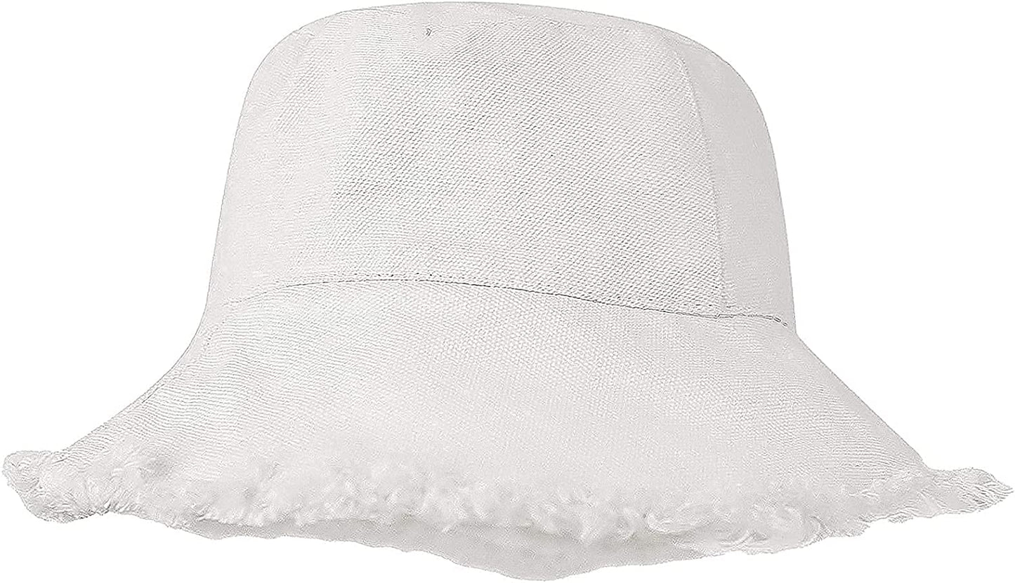 Frayed-Edge-Bucket-Hat-Summer Distressed-Beach-Sun-Hat-For-Women Men Teens Girls- Floppy Wide-Brim Fisherman Cap(Size: 7 1/8) Apparel & Accessories > Clothing Accessories > Hats UTOWO White Medium