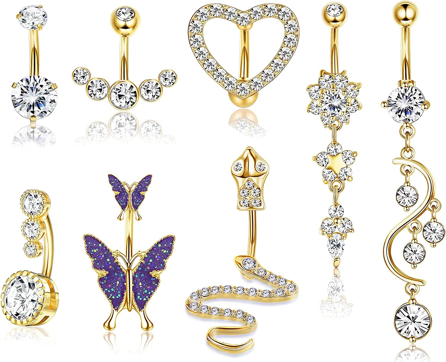 CASSIECA 14G Belly Button Rings Dangle for Women 316L Stainless Steel Snake Heart Shiny CZ Butterfly Navel Belly Rings Barbell Body Piercing Jewelry Apparel & Accessories > Jewelry > Body Jewelry CASSIECA Gold Tone