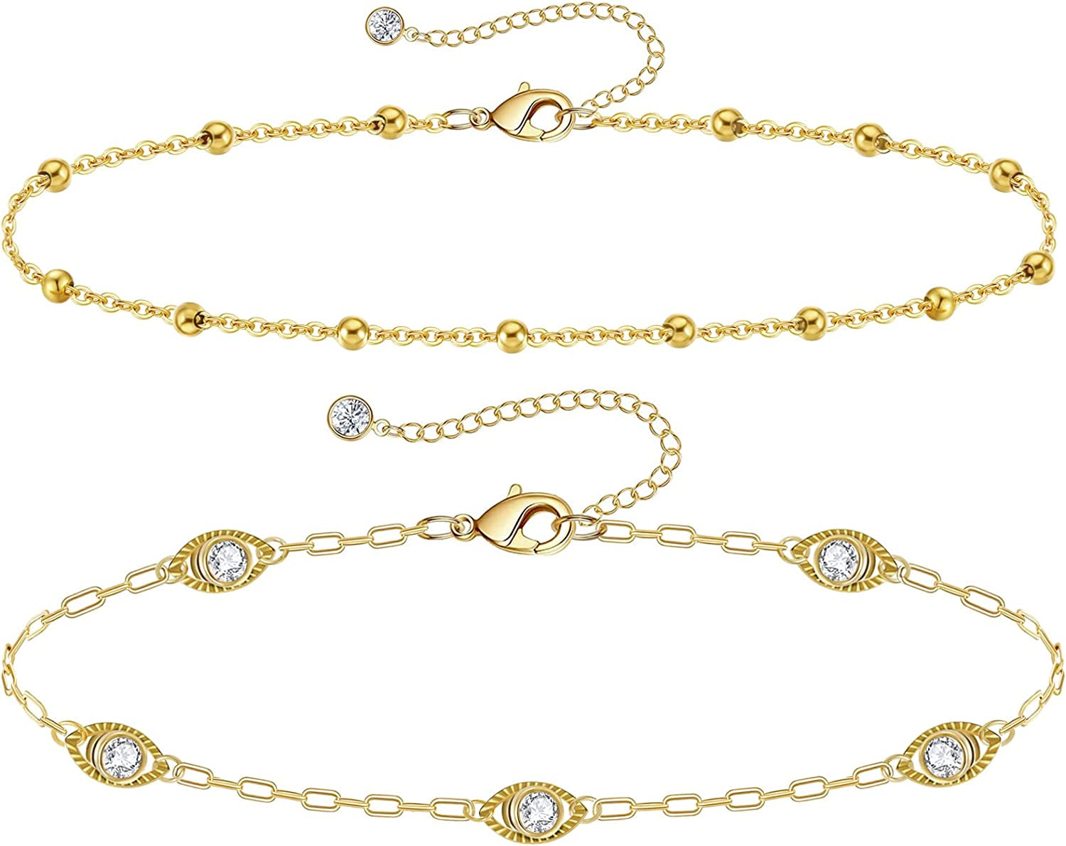 Gold Ankle Bracelets for Women 14K Gold Plated Anklet Silver Tennis Rose Quartz Cross Bead Herringbone Snake Paperclip Chain Cubic Zirconia Dainty Layered Anklet Set 3Pcs Apparel & Accessories > Jewelry > Anklets WeSparking Y-Yellow Gold-Evil Eye