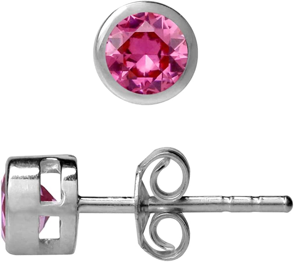 4Mm Petite Natural round Shape Birthstone Gemstones White Gold Plated 925 Sterling Silver Bezel Set Minimalist Stud Post Earrings Jewelry for Women created pink tourmaline