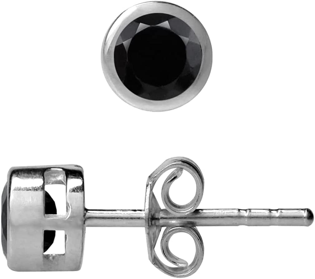 4Mm Petite Natural round Shape Birthstone Gemstones White Gold Plated 925 Sterling Silver Bezel Set Minimalist Stud Post Earrings Jewelry for Women natural black onyx
