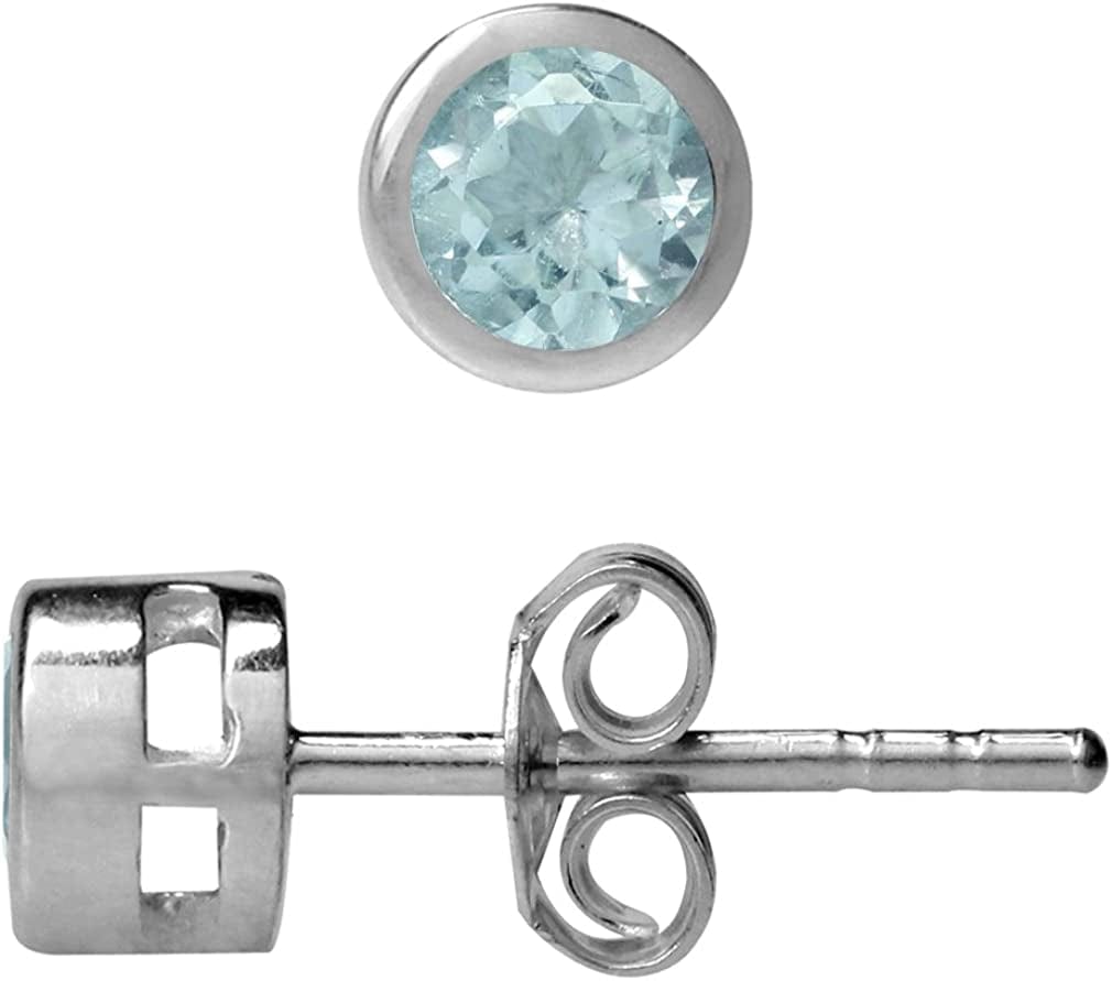 4Mm Petite Natural round Shape Birthstone Gemstones White Gold Plated 925 Sterling Silver Bezel Set Minimalist Stud Post Earrings Jewelry for Women genuine blue topaz