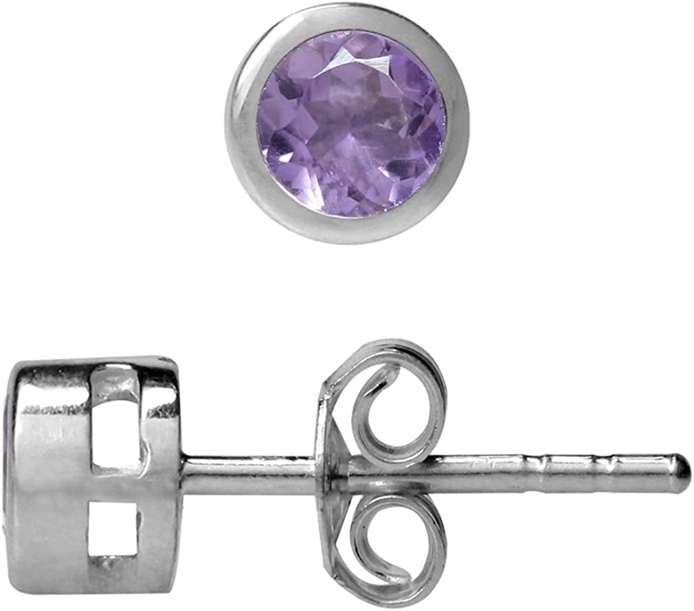 4Mm Petite Natural round Shape Birthstone Gemstones White Gold Plated 925 Sterling Silver Bezel Set Minimalist Stud Post Earrings Jewelry for Women genuine purple amethyst