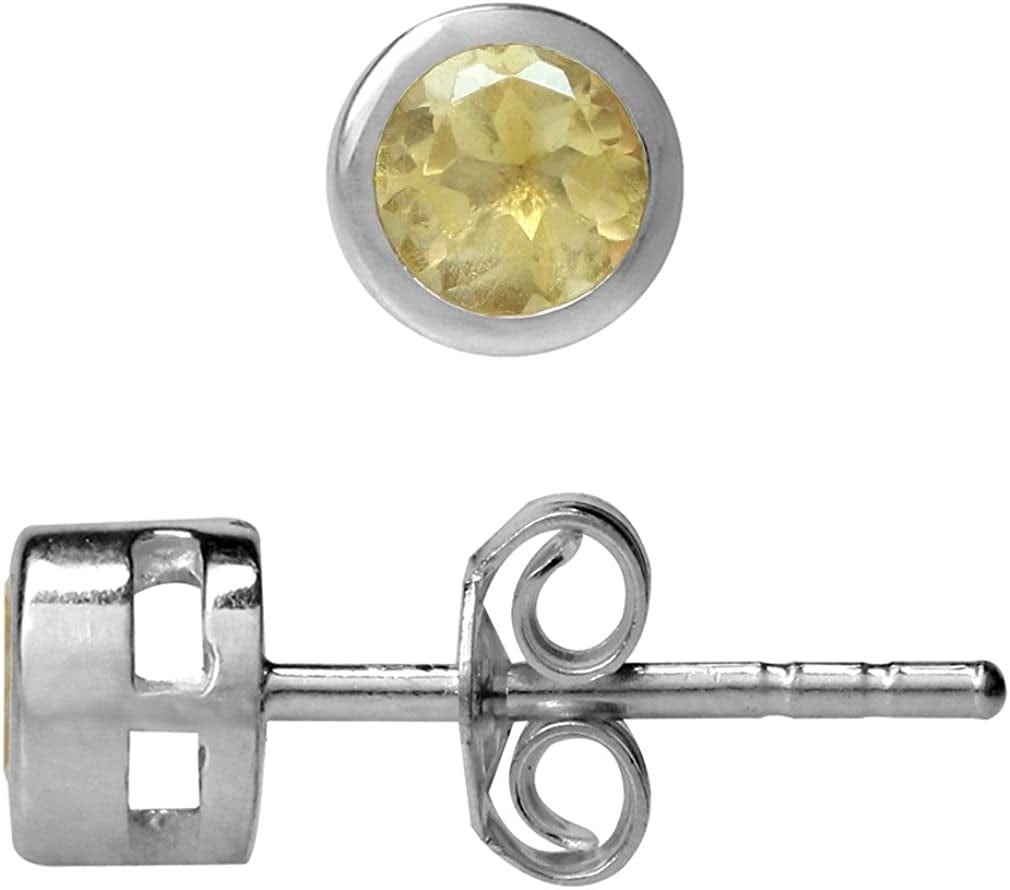 4Mm Petite Natural round Shape Birthstone Gemstones White Gold Plated 925 Sterling Silver Bezel Set Minimalist Stud Post Earrings Jewelry for Women genuine yellow citrine