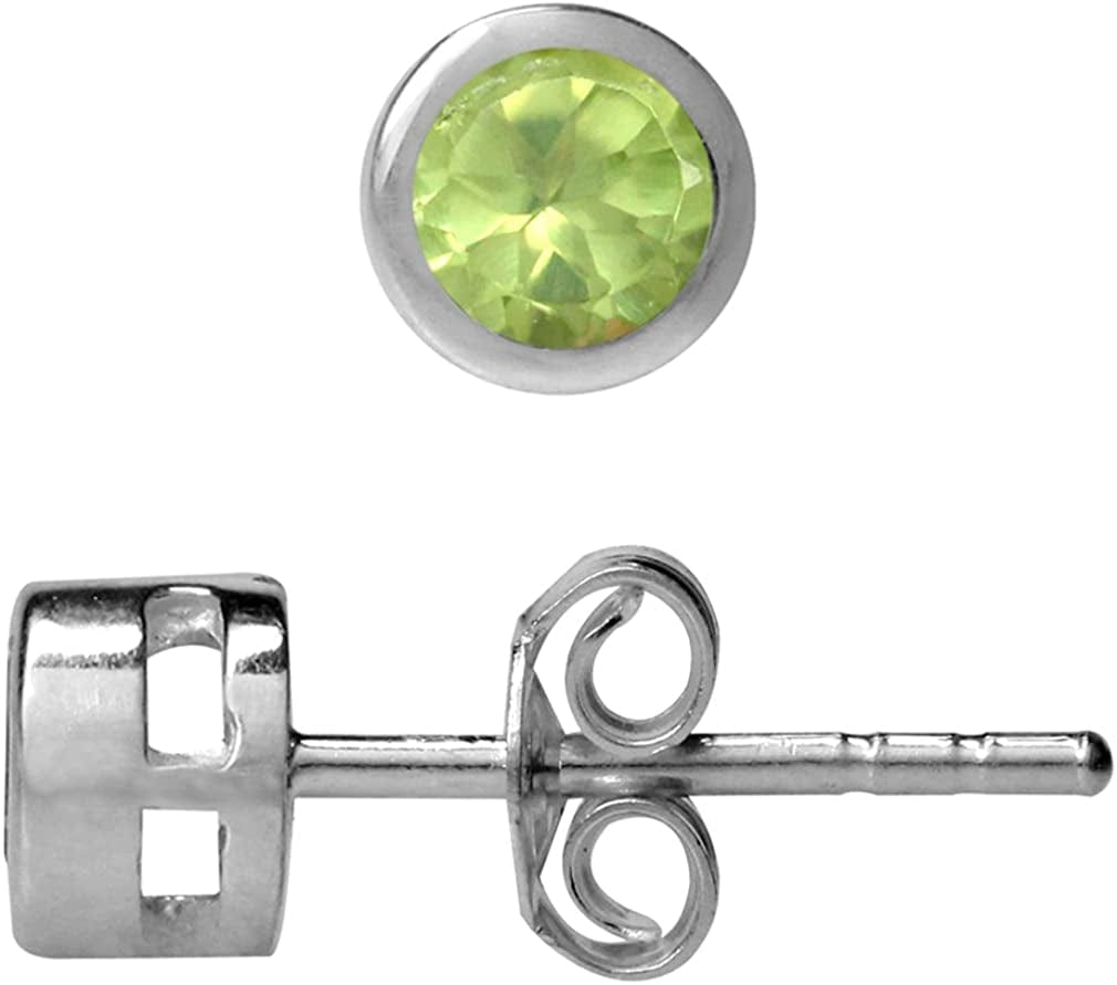 4Mm Petite Natural round Shape Birthstone Gemstones White Gold Plated 925 Sterling Silver Bezel Set Minimalist Stud Post Earrings Jewelry for Women natural green peridot