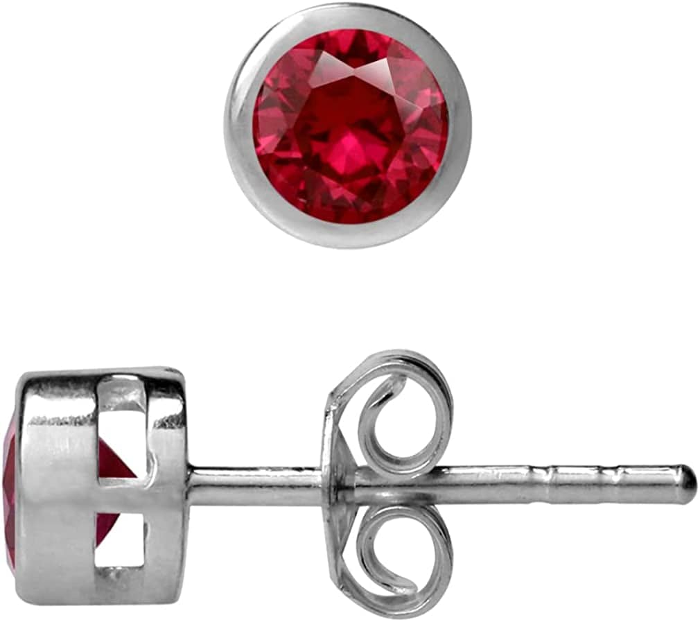 4Mm Petite Natural round Shape Birthstone Gemstones White Gold Plated 925 Sterling Silver Bezel Set Minimalist Stud Post Earrings Jewelry for Women created red ruby