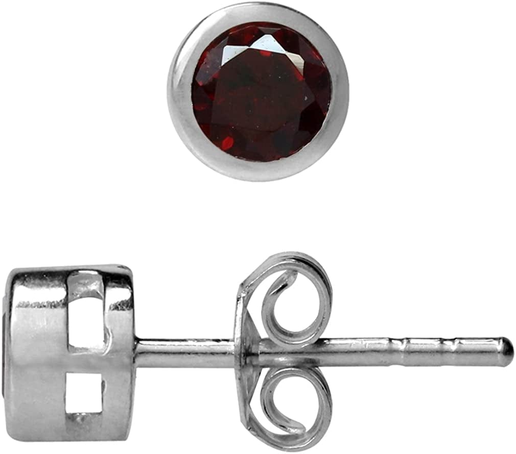 4Mm Petite Natural round Shape Birthstone Gemstones White Gold Plated 925 Sterling Silver Bezel Set Minimalist Stud Post Earrings Jewelry for Women natural red garnet