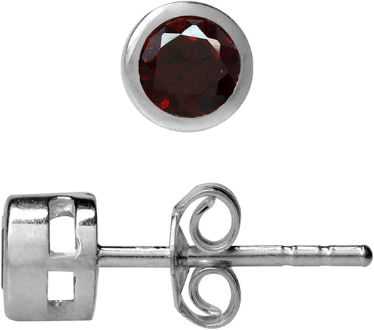 4Mm Petite Natural round Shape Birthstone Gemstones White Gold Plated 925 Sterling Silver Bezel Set Minimalist Stud Post Earrings Jewelry for Women natural red garnet