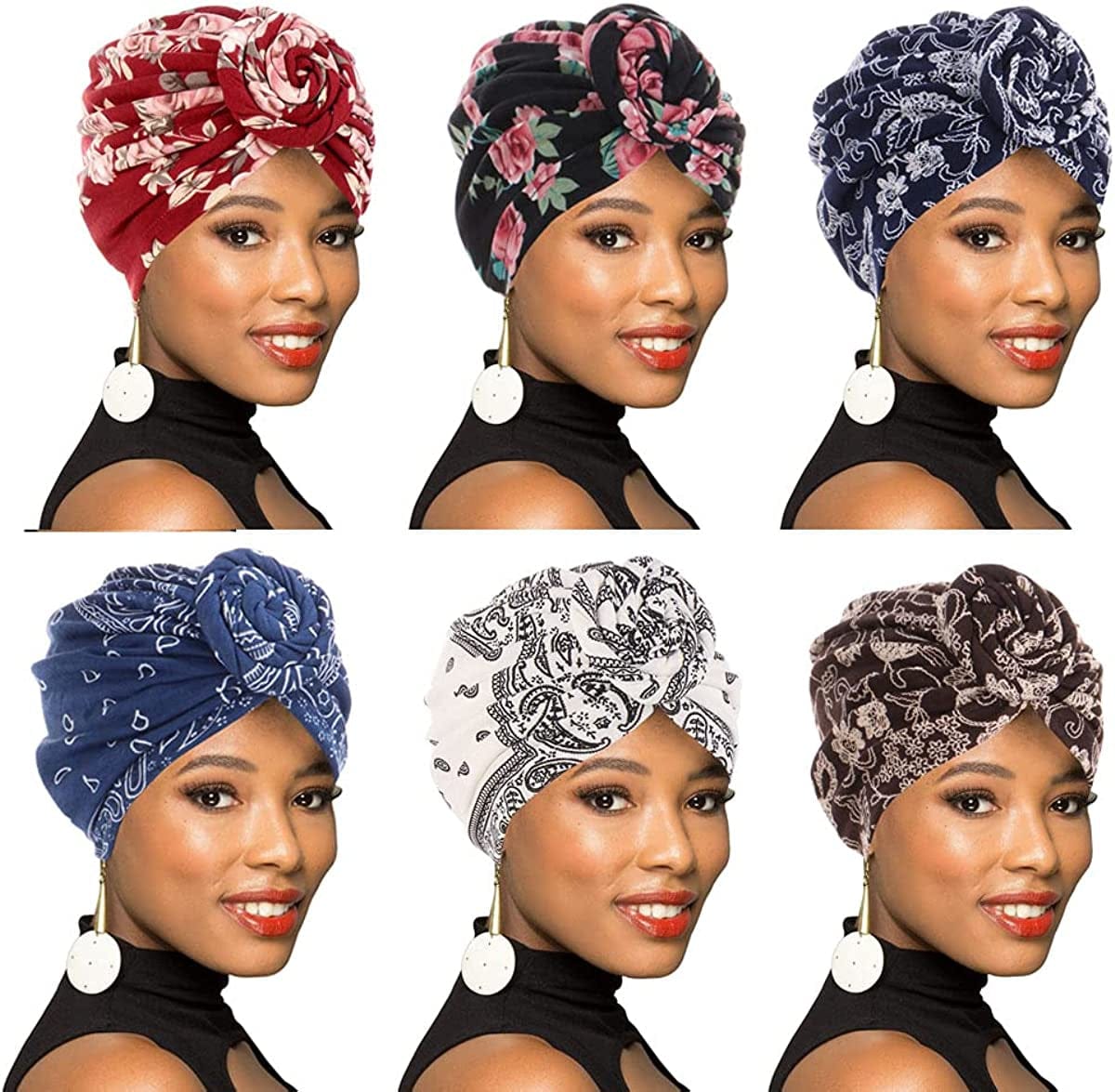 4Pack/6Packs Women Turban African Pattern Knot Headwrap Beanie Pre-Tied Bonnet Chemo Cap Hair Loss Hat Apparel & Accessories > Clothing Accessories > Headwear BOBIBI Colour019