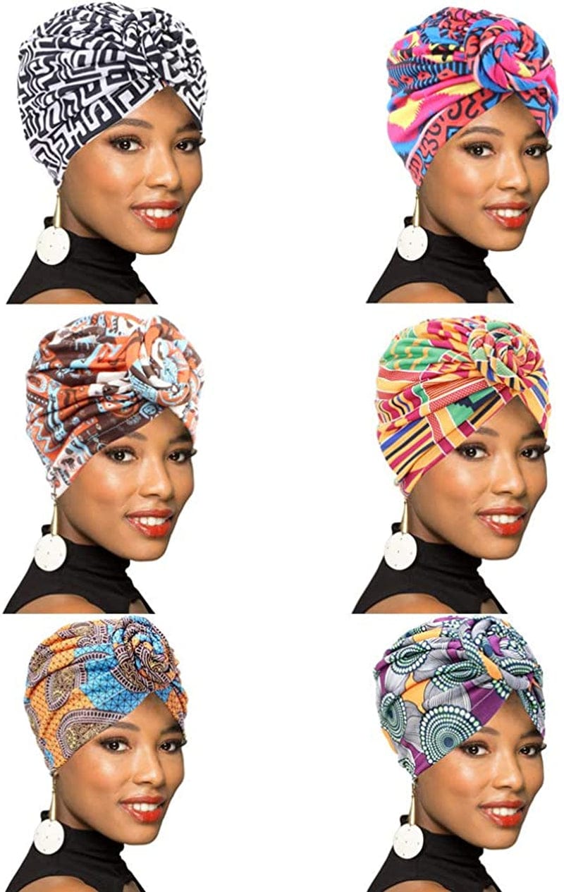 4Pack/6Packs Women Turban African Pattern Knot Headwrap Beanie Pre-Tied Bonnet Chemo Cap Hair Loss Hat Apparel & Accessories > Clothing Accessories > Headwear BOBIBI Colour008