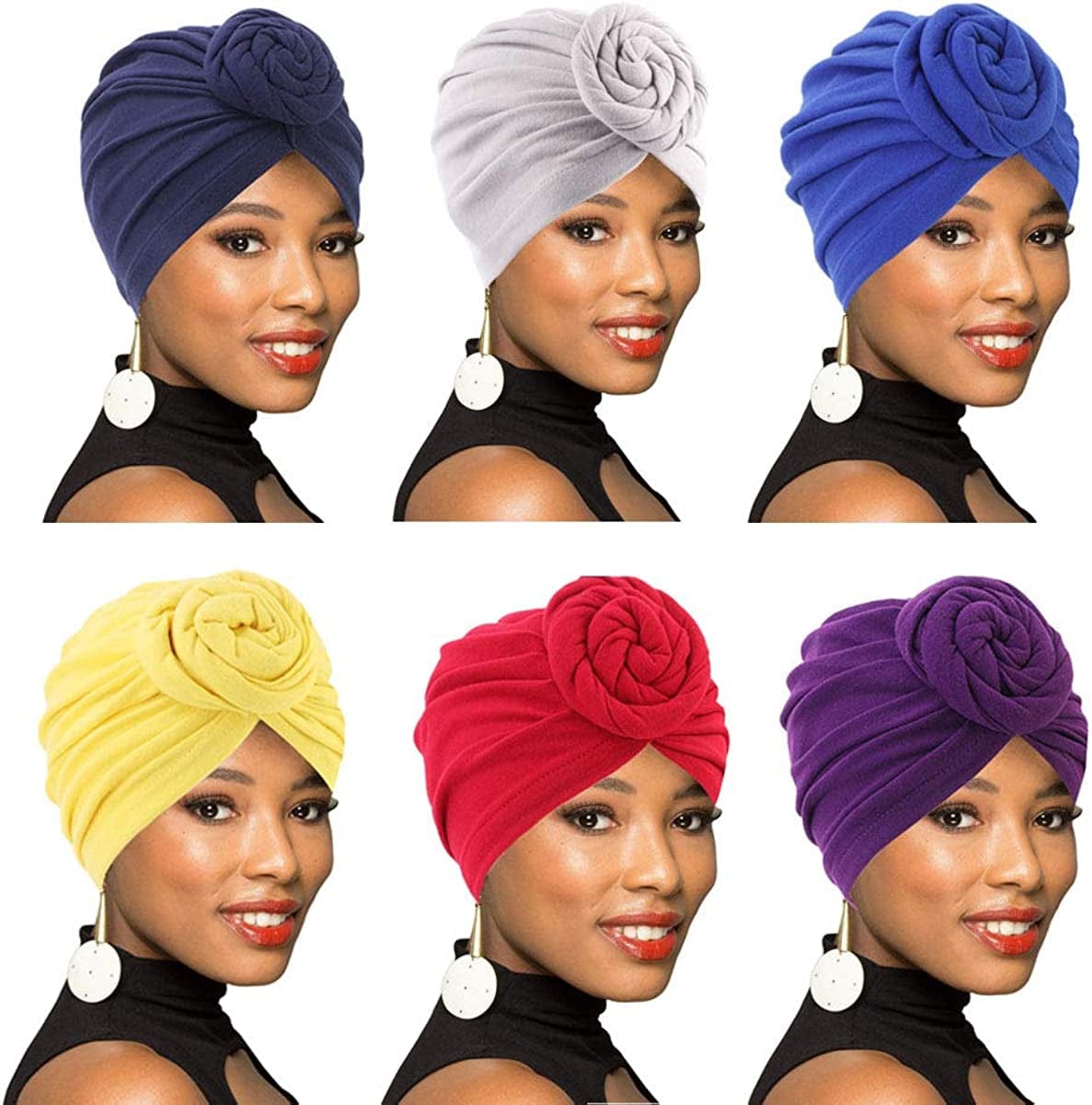 4Pack/6Packs Women Turban African Pattern Knot Headwrap Beanie Pre-Tied Bonnet Chemo Cap Hair Loss Hat Apparel & Accessories > Clothing Accessories > Headwear BOBIBI Colour003:navy Blue+gray+royal Blue+yellow+wine+deep Purple