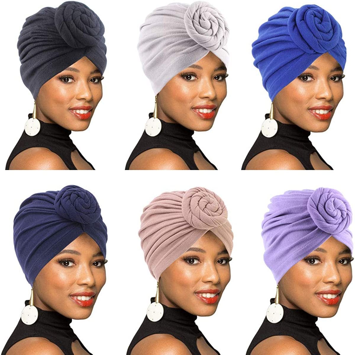 4Pack/6Packs Women Turban African Pattern Knot Headwrap Beanie Pre-Tied Bonnet Chemo Cap Hair Loss Hat Apparel & Accessories > Clothing Accessories > Headwear BOBIBI Colour001:navy Blue+gray+royal Blue+black+khaki+light Purple