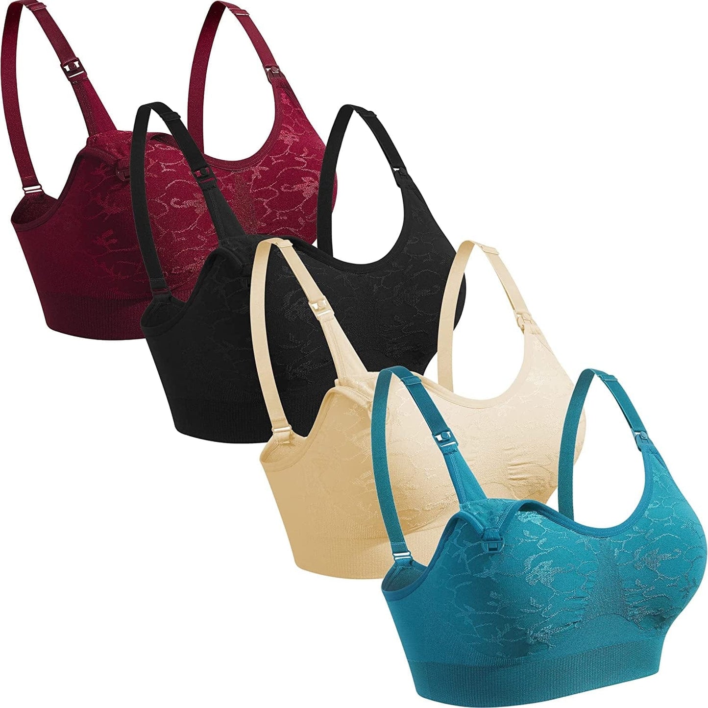 4Pack Nursing Bra for Breastfeeding Maternity Bras Push up Silk Seamless Pregnancy Bralette Underwear Jacquard(black Beige Rosered Blue) / Large