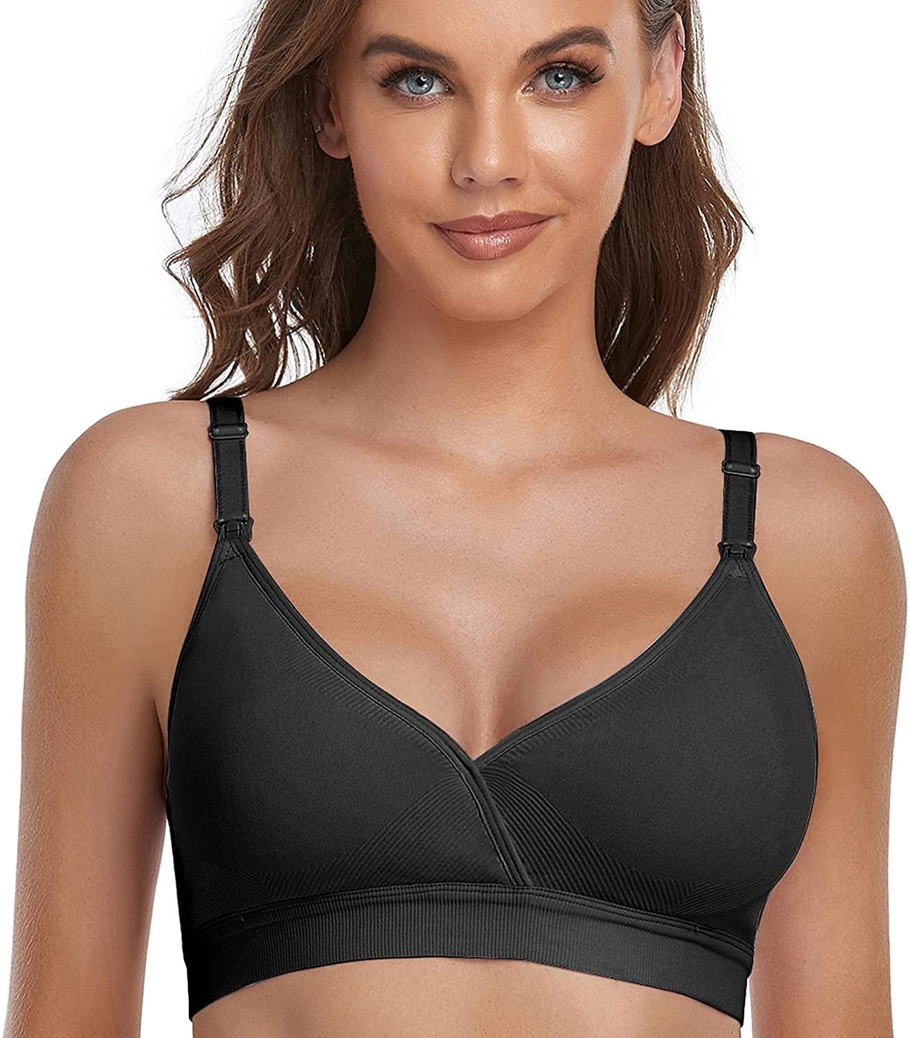 4PACK V Neck Nursing Bras Seamless Maternity Bras with Extra Bra Extenders for Sleep Breastfeeding - L,Black/Nude/Grey/White